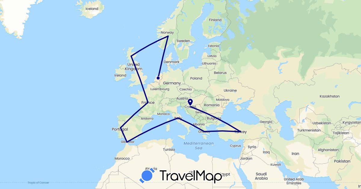TravelMap itinerary: driving in Spain, France, United Kingdom, Greece, Croatia, Italy, Netherlands, Norway, Portugal, Turkey (Asia, Europe)
